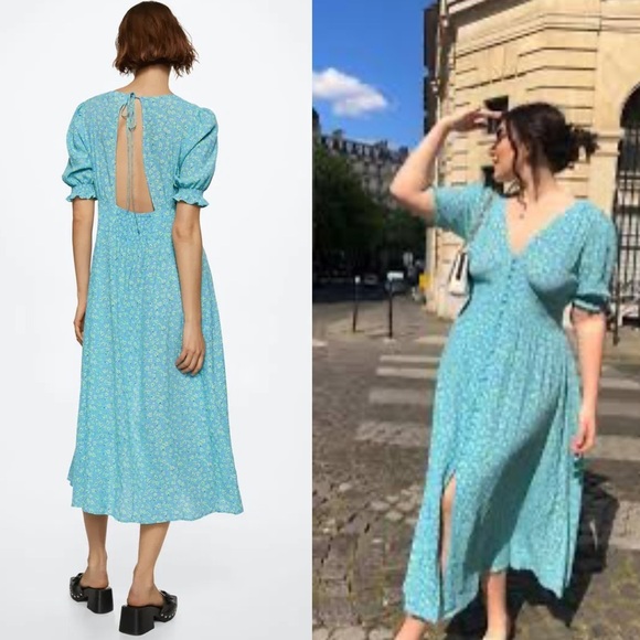 MANGO Blue and green Floral romantic Dress open back XS - Picture 1 of 10